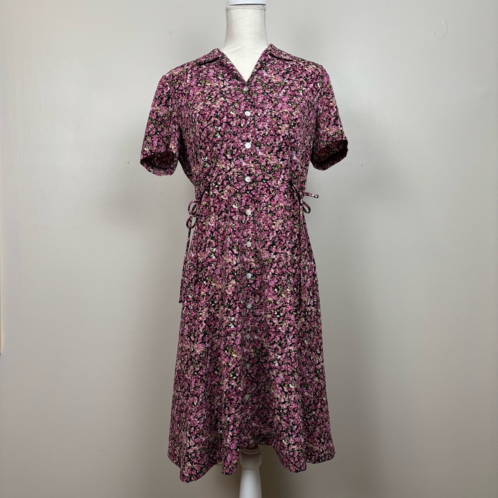 Vtg Miss Dorby Petites Dress Womens 8P Purple Collared‎ Midi Floral Shirt Dress